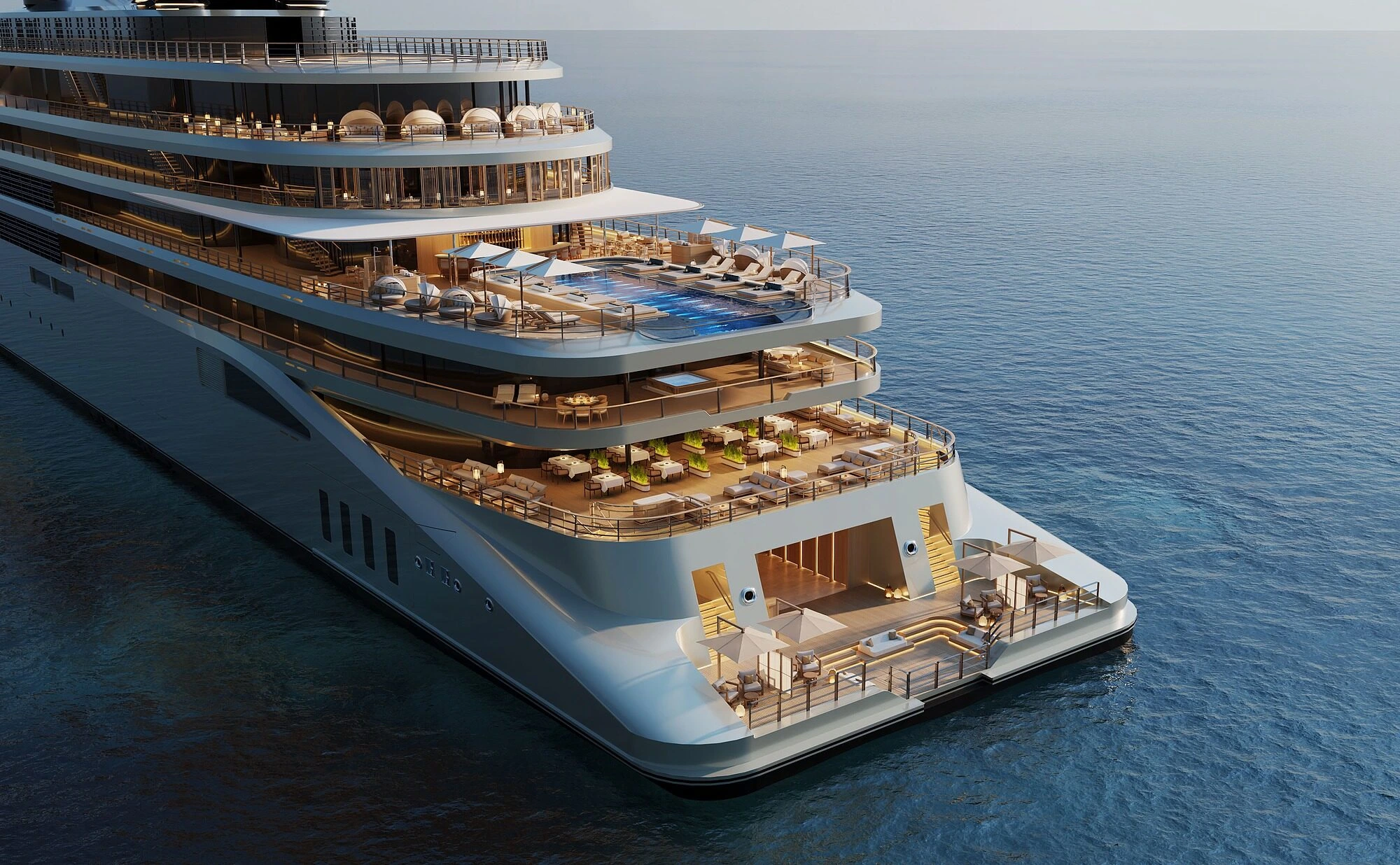 Luxury cruise ship stern with pool and decks