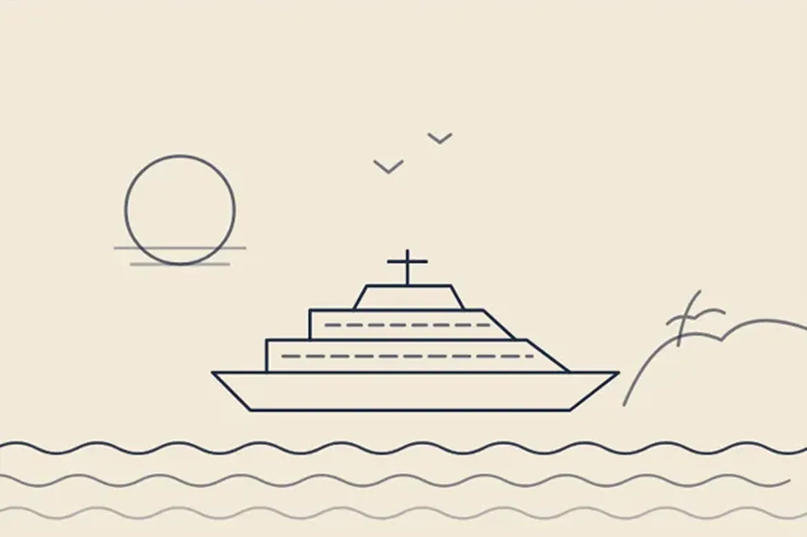 Line drawing of cruise ship at sea