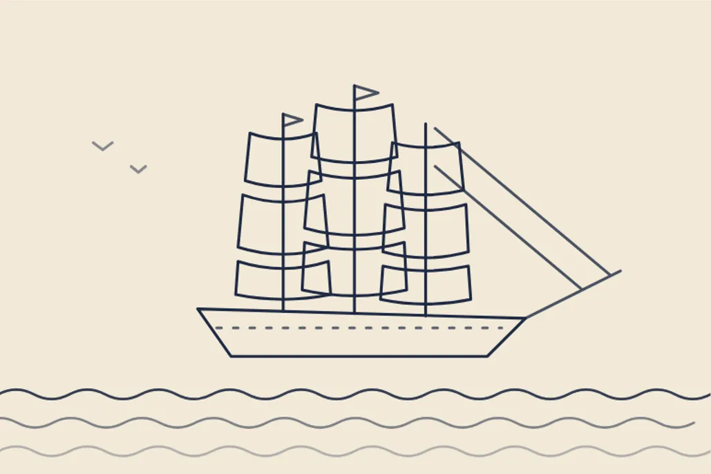 Line drawing of a sailing ship at sea