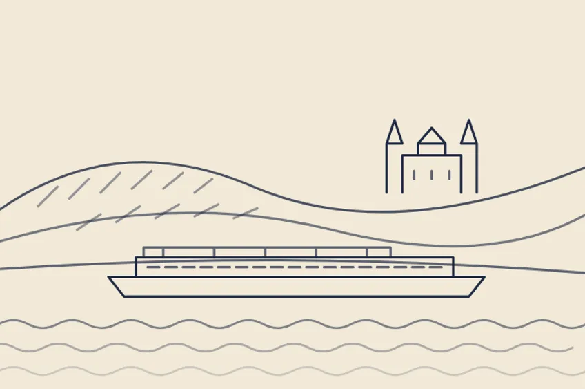 Minimalist line drawing of ship and castle
