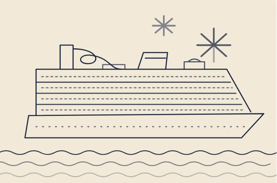 Minimalist line-art cruise ship on wavy sea