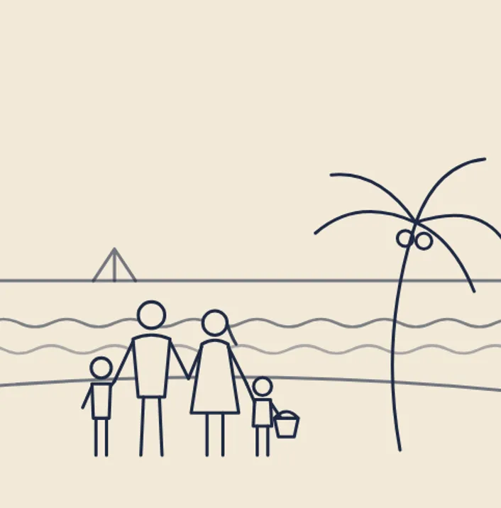 Family at beach with palm tree and sailboat