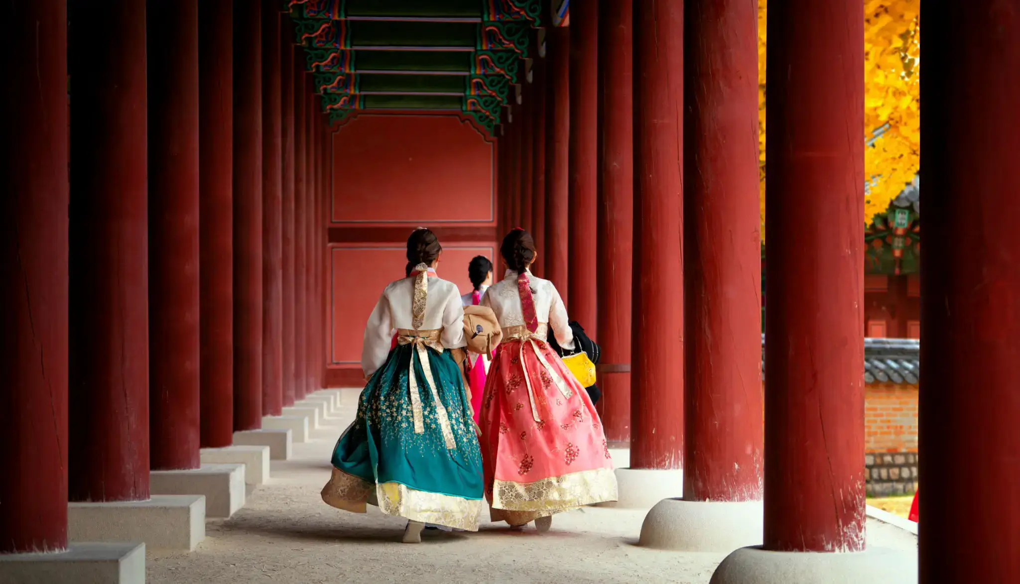 Hanbok dresses in traditional Korean palace
